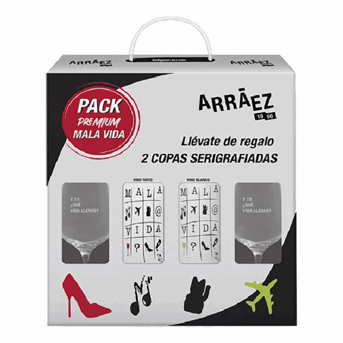Estuche Mala Vida Blanco y Mala Vida Tinto + 2 copas - 750ml